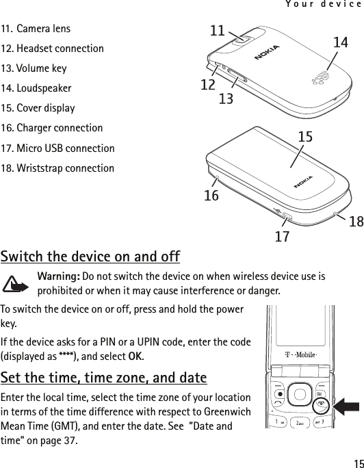 Your device1511. Camera lens12. Headset connection13. Volume key14. Loudspeaker15. Cover display16. Charger connection17. Micro USB connection18. Wriststrap connectionSwitch the device on and offWarning: Do not switch the device on when wireless device use is prohibited or when it may cause interference or danger.To switch the device on or off, press and hold the power key.If the device asks for a PIN or a UPIN code, enter the code (displayed as ****), and select OK.Set the time, time zone, and dateEnter the local time, select the time zone of your location in terms of the time difference with respect to Greenwich Mean Time (GMT), and enter the date. See  ”Date and time” on page 37.