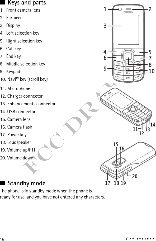 16Get startedFCC Draft■Keys and parts 1. Front camera lens2. Earpiece3. Display4. Left selection key5. Right selection key6. Call key 7. End key8. Middle selection key9. Keypad10. Navi™ key (scroll key)11. Microphone12. Charger connector13. Enhancements connector14. USB connector15. Camera lens16. Camera flash17. Power key18. Loudspeaker19. Volume up/PTT20. Volume down■Standby mode The phone is in standby mode when the phone is ready for use, and you have not entered any characters.