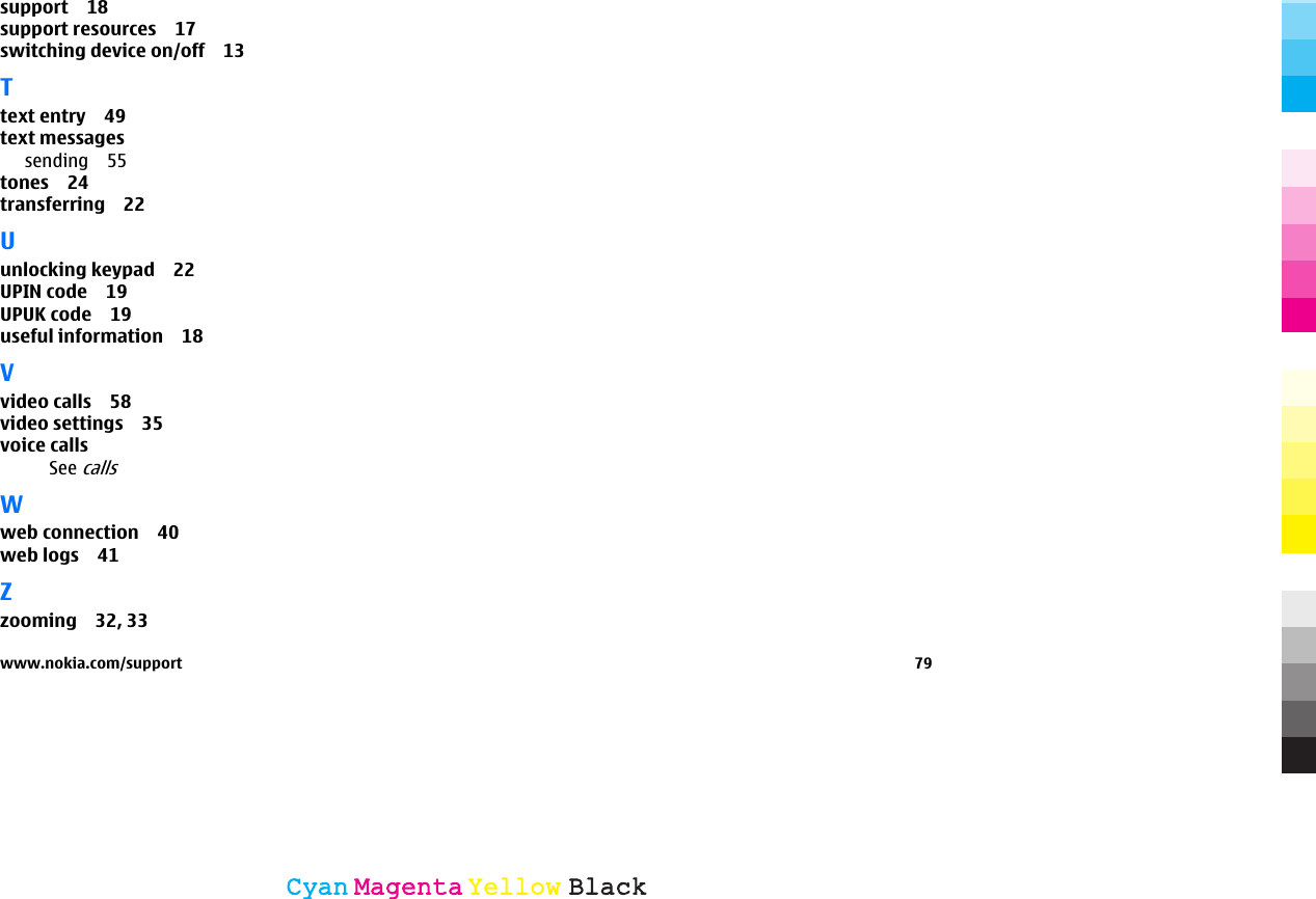 support 18support resources 17switching device on/off 13Ttext entry 49text messagessending 55tones 24transferring 22Uunlocking keypad 22UPIN code 19UPUK code 19useful information 18Vvideo calls 58video settings 35voice callsSee callsWweb connection 40web logs 41Zzooming 32, 33www.nokia.com/support 79CyanCyanMagentaMagentaYellowYellowBlackBlack