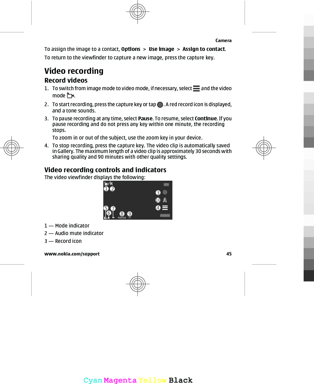 To assign the image to a contact, Options &gt; Use image &gt; Assign to contact.To return to the viewfinder to capture a new image, press the capture key.Video recordingRecord videos1. To switch from image mode to video mode, if necessary, select   and the videomode  .2. To start recording, press the capture key or tap  . A red record icon is displayed,and a tone sounds.3. To pause recording at any time, select Pause. To resume, select Continue. If youpause recording and do not press any key within one minute, the recordingstops.To zoom in or out of the subject, use the zoom key in your device.4. To stop recording, press the capture key. The video clip is automatically savedin Gallery. The maximum length of a video clip is approximately 30 seconds withsharing quality and 90 minutes with other quality settings.Video recording controls and indicatorsThe video viewfinder displays the following:1 — Mode indicator2 — Audio mute indicator3 — Record iconCamerawww.nokia.com/support 45CyanCyanMagentaMagentaYellowYellowBlackBlack