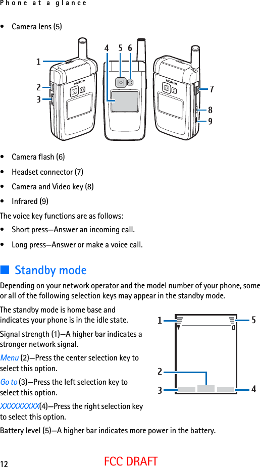 Phone at a glance12FCC DRAFT• Camera lens (5)• Camera flash (6)• Headset connector (7)• Camera and Video key (8)• Infrared (9)The voice key functions are as follows:• Short press—Answer an incoming call.• Long press—Answer or make a voice call.■Standby modeDepending on your network operator and the model number of your phone, some or all of the following selection keys may appear in the standby mode.The standby mode is home base and indicates your phone is in the idle state.Signal strength (1)—A higher bar indicates a stronger network signal.Menu (2)—Press the center selection key to select this option.Go to (3)—Press the left selection key to select this option.XXXXXXXXX(4)—Press the right selection key to select this option.Battery level (5)—A higher bar indicates more power in the battery.