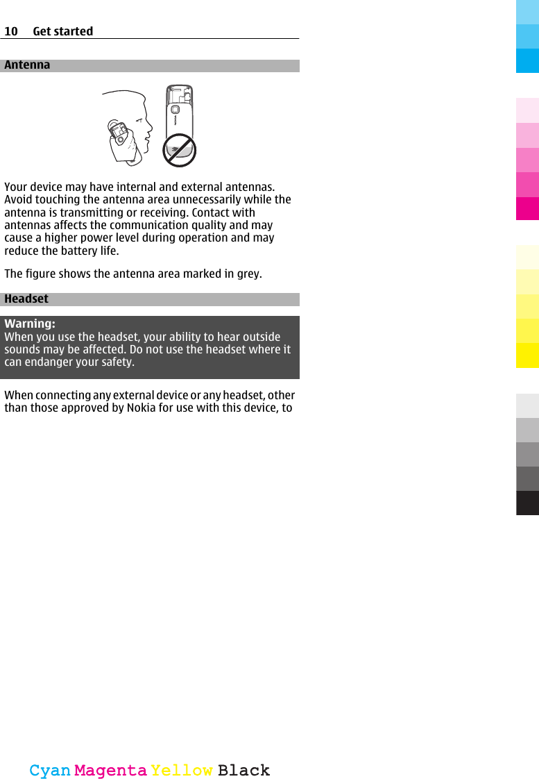 AntennaYour device may have internal and external antennas.Avoid touching the antenna area unnecessarily while theantenna is transmitting or receiving. Contact withantennas affects the communication quality and maycause a higher power level during operation and mayreduce the battery life.The figure shows the antenna area marked in grey.HeadsetWarning:When you use the headset, your ability to hear outsidesounds may be affected. Do not use the headset where itcan endanger your safety.When connecting any external device or any headset, otherthan those approved by Nokia for use with this device, to10 Get startedCyanCyanMagentaMagentaYellowYellowBlackBlack