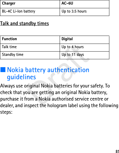 81Talk and standby times■Nokia battery authentication guidelinesAlways use original Nokia batteries for your safety. To check that you are getting an original Nokia battery, purchase it from a Nokia authorised service centre or dealer, and inspect the hologram label using the following steps:Charger AC-6UBL-4C Li-Ion battery Up to 3.5 hoursFunction DigitalTalk time Up to 4 hoursStandby time Up to 11 daysDraft