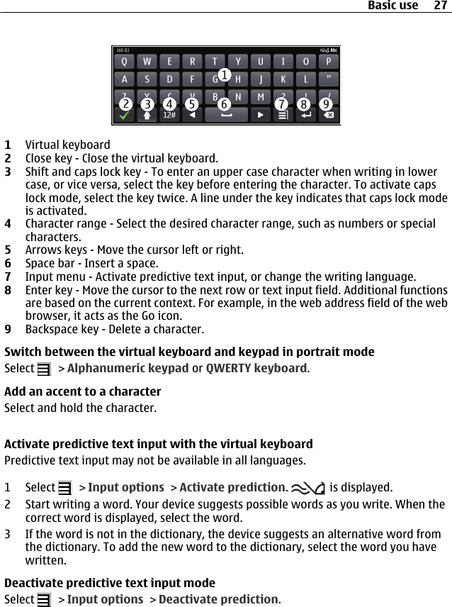 1Virtual keyboard2Close key - Close the virtual keyboard.3Shift and caps lock key - To enter an upper case character when writing in lowercase, or vice versa, select the key before entering the character. To activate capslock mode, select the key twice. A line under the key indicates that caps lock modeis activated.4Character range - Select the desired character range, such as numbers or specialcharacters.5Arrows keys - Move the cursor left or right.6Space bar - Insert a space.7Input menu - Activate predictive text input, or change the writing language.8Enter key - Move the cursor to the next row or text input field. Additional functionsare based on the current context. For example, in the web address field of the webbrowser, it acts as the Go icon.9Backspace key - Delete a character.Switch between the virtual keyboard and keypad in portrait modeSelect   &gt; Alphanumeric keypad or QWERTY keyboard.Add an accent to a characterSelect and hold the character.Activate predictive text input with the virtual keyboardPredictive text input may not be available in all languages.1 Select   &gt; Input options &gt; Activate prediction.   is displayed.2 Start writing a word. Your device suggests possible words as you write. When thecorrect word is displayed, select the word.3 If the word is not in the dictionary, the device suggests an alternative word fromthe dictionary. To add the new word to the dictionary, select the word you havewritten.Deactivate predictive text input modeSelect   &gt; Input options &gt; Deactivate prediction.Basic use 27
