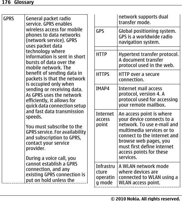 GPRS General packet radioservice. GPRS enableswireless access for mobilephones to data networks(network service). GPRSuses packet datatechnology whereinformation is sent in shortbursts of data over themobile network. Thebenefit of sending data inpackets is that the networkis occupied only whensending or receiving data.As GPRS uses the networkefficiently, it allows forquick data connection setupand fast data transmissionspeeds.You must subscribe to theGPRS service. For availabilityand subscription to GPRS,contact your serviceprovider.During a voice call, youcannot establish a GPRSconnection, and anyexisting GPRS connection isput on hold unless thenetwork supports dualtransfer mode.GPS Global positioning system.GPS is a worldwide radionavigation system.HTTP Hypertext transfer protocol.A document transferprotocol used in the web.HTTPS HTTP over a secureconnection.IMAP4 Internet mail accessprotocol, version 4. Aprotocol used for accessingyour remote mailbox.InternetaccesspointAn access point is whereyour device connects to anetwork. To use e-mail andmultimedia services or toconnect to the internet andbrowse web pages, youmust first define internetaccess points for theseservices.Infrastructureoperating modeA WLAN network modewhere devices areconnected to WLAN using aWLAN access point.176 Glossary© 2010 Nokia. All rights reserved.