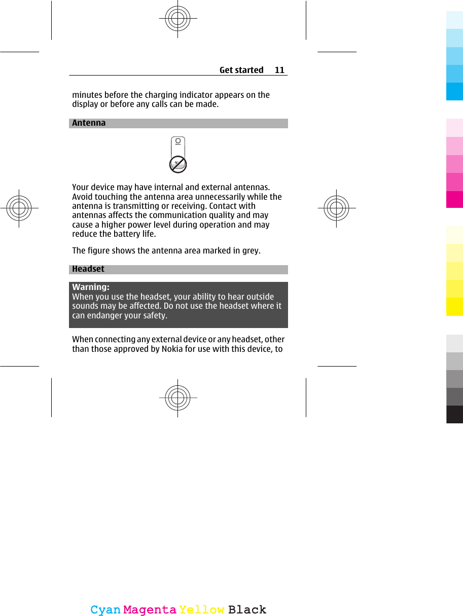 minutes before the charging indicator appears on thedisplay or before any calls can be made.AntennaYour device may have internal and external antennas.Avoid touching the antenna area unnecessarily while theantenna is transmitting or receiving. Contact withantennas affects the communication quality and maycause a higher power level during operation and mayreduce the battery life.The figure shows the antenna area marked in grey.HeadsetWarning:When you use the headset, your ability to hear outsidesounds may be affected. Do not use the headset where itcan endanger your safety.When connecting any external device or any headset, otherthan those approved by Nokia for use with this device, toGet started 11CyanCyanMagentaMagentaYellowYellowBlackBlack