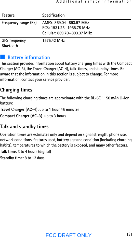 Additional safety information131FCC DRAFT ONLY■Battery informationThis section provides information about battery charging times with the Compact Charger (AC-3), the Travel Charger (AC-4), talk-times, and standby times. Be aware that the information in this section is subject to change. For more information, contact your service provider.Charging timesThe following charging times are approximate with the BL-6C 1150 mAh Li-Ion battery:Travel Charger (AC-4): up to 1 hour 45 minutesCompact Charger (AC-3): up to 3 hoursTalk and standby timesOperation times are estimates only and depend on signal strength, phone use, network conditions, features used, battery age and condition (including charging habits), temperatures to which the battery is exposed, and many other factors.Talk time: 3 to 4 hours (digital)Standby time: 8 to 12 daysFrequency range (Rx) AMPS: 869.04—893.97 MHzPCS: 1931.25—1988.75 MHzCellular: 869.70—893.37 MHzGPS frequencyBluetooth1575.42 MHzFeature Specification