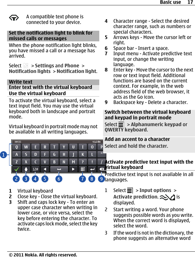A compatible text phone isconnected to your device.Set the notification light to blink formissed calls or messagesWhen the phone notification light blinks,you have missed a call or a message hasarrived.Select   &gt; Settings and Phone &gt;Notification lights &gt; Notification light.Write textEnter text with the virtual keyboardUse the virtual keyboard To activate the virtual keyboard, select atext input field. You may use the virtualkeyboard both in landscape and portraitmode.Virtual keyboard in portrait mode may notbe available in all writing languages.1Virtual keyboard2Close key - Close the virtual keyboard.3Shift and caps lock key - To enter anupper case character when writing inlower case, or vice versa, select thekey before entering the character. Toactivate caps lock mode, select the keytwice.4Character range - Select the desiredcharacter range, such as numbers orspecial characters.5Arrows keys - Move the cursor left orright.6Space bar - Insert a space.7Input menu - Activate predictive textinput, or change the writinglanguage.8Enter key - Move the cursor to the nextrow or text input field. Additionalfunctions are based on the currentcontext. For example, in the webaddress field of the web browser, itacts as the Go icon.9Backspace key - Delete a character.Switch between the virtual keyboardand keypad in portrait modeSelect   &gt; Alphanumeric keypad orQWERTY keyboard.Add an accent to a characterSelect and hold the character.Activate predictive text input with thevirtual keyboardPredictive text input is not available in alllanguages.1 Select   &gt; Input options &gt;Activate prediction.   isdisplayed.2 Start writing a word. Your phonesuggests possible words as you write.When the correct word is displayed,select the word.3 If the word is not in the dictionary, thephone suggests an alternative wordBasic use 17© 2011 Nokia. All rights reserved.
