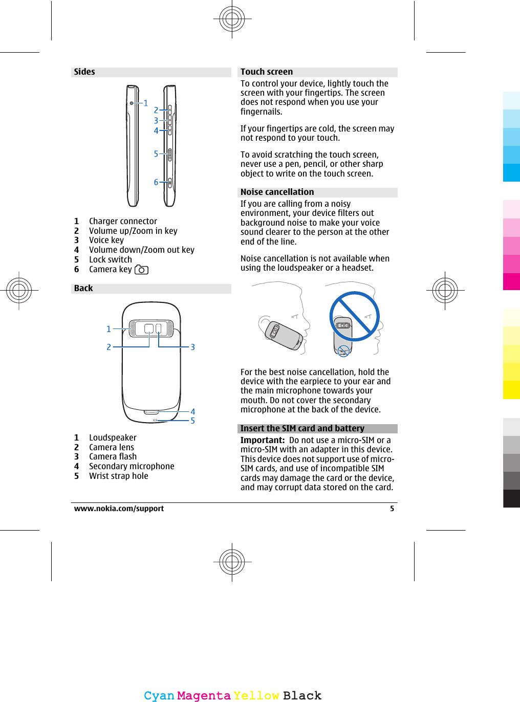 Sides1Charger connector2Volume up/Zoom in key3Voice key4Volume down/Zoom out key5Lock switch6Camera key Back1Loudspeaker2Camera lens3Camera flash4Secondary microphone5Wrist strap holeTouch screenTo control your device, lightly touch thescreen with your fingertips. The screendoes not respond when you use yourfingernails.If your fingertips are cold, the screen maynot respond to your touch.To avoid scratching the touch screen,never use a pen, pencil, or other sharpobject to write on the touch screen.Noise cancellationIf you are calling from a noisyenvironment, your device filters outbackground noise to make your voicesound clearer to the person at the otherend of the line.Noise cancellation is not available whenusing the loudspeaker or a headset.For the best noise cancellation, hold thedevice with the earpiece to your ear andthe main microphone towards yourmouth. Do not cover the secondarymicrophone at the back of the device.Insert the SIM card and batteryImportant:  Do not use a micro-SIM or amicro-SIM with an adapter in this device.This device does not support use of micro-SIM cards, and use of incompatible SIMcards may damage the card or the device,and may corrupt data stored on the card.www.nokia.com/support 5CyanCyanMagentaMagentaYellowYellowBlackBlack