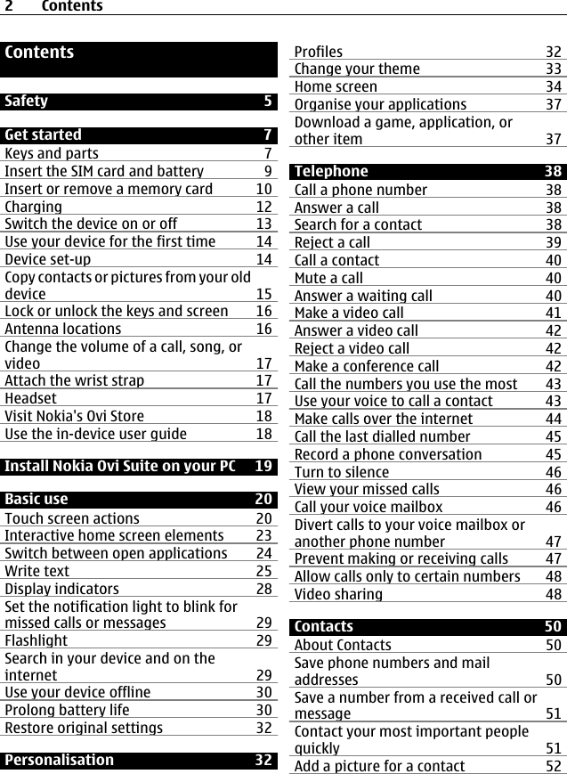 ContentsSafety 5Get started 7Keys and parts 7Insert the SIM card and battery 9Insert or remove a memory card 10Charging 12Switch the device on or off 13Use your device for the first time 14Device set-up 14Copy contacts or pictures from your olddevice 15Lock or unlock the keys and screen 16Antenna locations 16Change the volume of a call, song, orvideo 17Attach the wrist strap 17Headset 17Visit Nokia&apos;s Ovi Store 18Use the in-device user guide 18Install Nokia Ovi Suite on your PC 19Basic use 20Touch screen actions 20Interactive home screen elements 23Switch between open applications 24Write text 25Display indicators 28Set the notification light to blink formissed calls or messages 29Flashlight 29Search in your device and on theinternet 29Use your device offline 30Prolong battery life 30Restore original settings 32Personalisation 32Profiles 32Change your theme 33Home screen 34Organise your applications 37Download a game, application, orother item 37Telephone 38Call a phone number 38Answer a call 38Search for a contact 38Reject a call 39Call a contact 40Mute a call 40Answer a waiting call 40Make a video call 41Answer a video call 42Reject a video call 42Make a conference call 42Call the numbers you use the most 43Use your voice to call a contact 43Make calls over the internet 44Call the last dialled number 45Record a phone conversation 45Turn to silence 46View your missed calls 46Call your voice mailbox  46Divert calls to your voice mailbox oranother phone number 47Prevent making or receiving calls 47Allow calls only to certain numbers 48Video sharing 48Contacts 50About Contacts 50Save phone numbers and mailaddresses 50Save a number from a received call ormessage 51Contact your most important peoplequickly 51Add a picture for a contact 522Contents