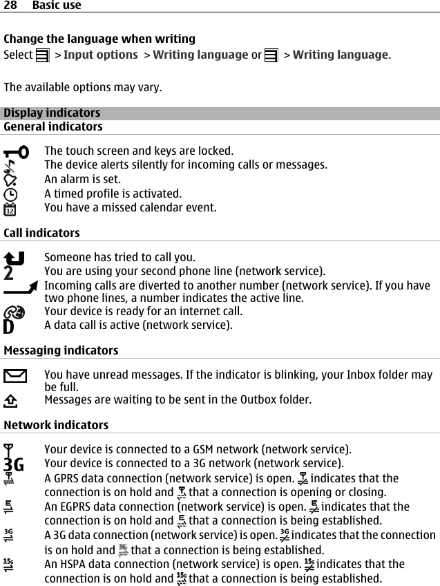 Change the language when writingSelect   &gt; Input options &gt; Writing language or   &gt; Writing language.The available options may vary.Display indicatorsGeneral indicatorsThe touch screen and keys are locked.The device alerts silently for incoming calls or messages.An alarm is set.A timed profile is activated.You have a missed calendar event.Call indicatorsSomeone has tried to call you.You are using your second phone line (network service).Incoming calls are diverted to another number (network service). If you havetwo phone lines, a number indicates the active line.Your device is ready for an internet call.A data call is active (network service).Messaging indicatorsYou have unread messages. If the indicator is blinking, your Inbox folder maybe full.Messages are waiting to be sent in the Outbox folder.Network indicatorsYour device is connected to a GSM network (network service).Your device is connected to a 3G network (network service).A GPRS data connection (network service) is open.   indicates that theconnection is on hold and   that a connection is opening or closing.An EGPRS data connection (network service) is open.   indicates that theconnection is on hold and   that a connection is being established.A 3G data connection (network service) is open.   indicates that the connectionis on hold and   that a connection is being established.An HSPA data connection (network service) is open.   indicates that theconnection is on hold and   that a connection is being established.28 Basic use