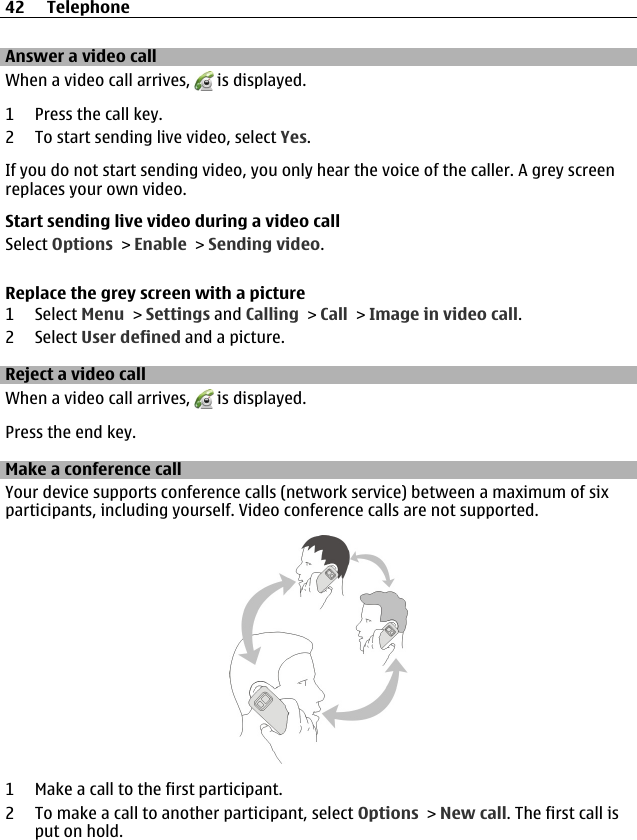 Answer a video callWhen a video call arrives,   is displayed.1 Press the call key.2 To start sending live video, select Yes.If you do not start sending video, you only hear the voice of the caller. A grey screenreplaces your own video.Start sending live video during a video callSelect Options &gt; Enable &gt; Sending video.Replace the grey screen with a picture1 Select Menu &gt; Settings and Calling &gt; Call &gt; Image in video call.2 Select User defined and a picture.Reject a video callWhen a video call arrives,   is displayed.Press the end key.Make a conference callYour device supports conference calls (network service) between a maximum of sixparticipants, including yourself. Video conference calls are not supported.1 Make a call to the first participant.2 To make a call to another participant, select Options &gt; New call. The first call isput on hold.42 Telephone