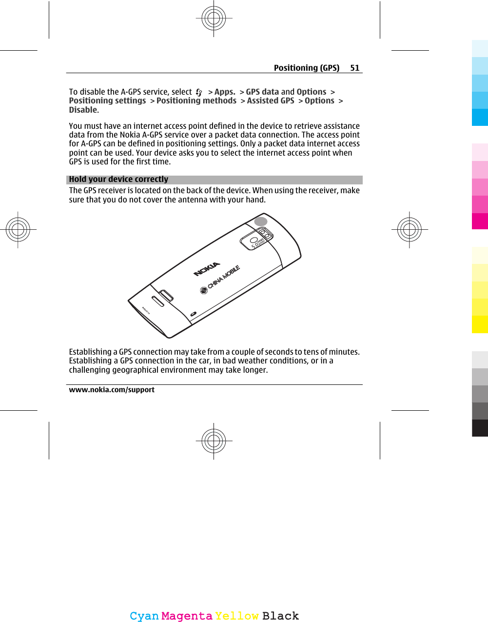 To disable the A-GPS service, select   &gt; Apps. &gt; GPS data and Options &gt;Positioning settings &gt; Positioning methods &gt; Assisted GPS &gt; Options &gt;Disable.You must have an internet access point defined in the device to retrieve assistancedata from the Nokia A-GPS service over a packet data connection. The access pointfor A-GPS can be defined in positioning settings. Only a packet data internet accesspoint can be used. Your device asks you to select the internet access point whenGPS is used for the first time.Hold your device correctlyThe GPS receiver is located on the back of the device. When using the receiver, makesure that you do not cover the antenna with your hand.Establishing a GPS connection may take from a couple of seconds to tens of minutes.Establishing a GPS connection in the car, in bad weather conditions, or in achallenging geographical environment may take longer.Positioning (GPS) 51www.nokia.com/supportCyanCyanMagentaMagentaYellowYellowBlackBlack