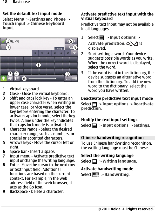 Set the default text input modeSelect Menu &gt; Settings and Phone &gt;Touch input &gt; Chinese keyboardinput.1Virtual keyboard2Close - Close the virtual keyboard.3Shift and caps lock key - To enter anupper case character when writing inlower case, or vice versa, select thekey before entering the character. Toactivate caps lock mode, select the keytwice. A line under the key indicatesthat caps lock mode is activated.4Character range - Select the desiredcharacter range, such as numbers, orspecial or accented characters.5Arrows keys - Move the cursor left orright.6Space bar - Insert a space.7Input menu - Activate predictive textinput or change the writing language.8Enter - Move the cursor to the next rowor text input field. Additionalfunctions are based on the currentcontext. For example, in the webaddress field of the web browser, itacts as the Go icon.9Backspace - Delete a character.Activate predictive text input with thevirtual keyboardPredictive text input may not be availablein all languages.1 Select   &gt; Input options &gt;Activate prediction.   isdisplayed.2 Start writing a word. Your devicesuggests possible words as you write.When the correct word is displayed,select the word.3 If the word is not in the dictionary, thedevice suggests an alternative wordfrom the dictionary. To add the newword to the dictionary, select theword you have written.Deactivate predictive text input modeSelect   &gt; Input options &gt; Deactivateprediction.Modify the text input settingsSelect   &gt; Input options &gt; Settings.Chinese handwriting recognitionTo use Chinese handwriting recognition,the writing language must be Chinese.Select the writing languageSelect   &gt; Writing language.Activate handwriting modeSelect   &gt; Handwriting.18 Basic use© 2011 Nokia. All rights reserved.