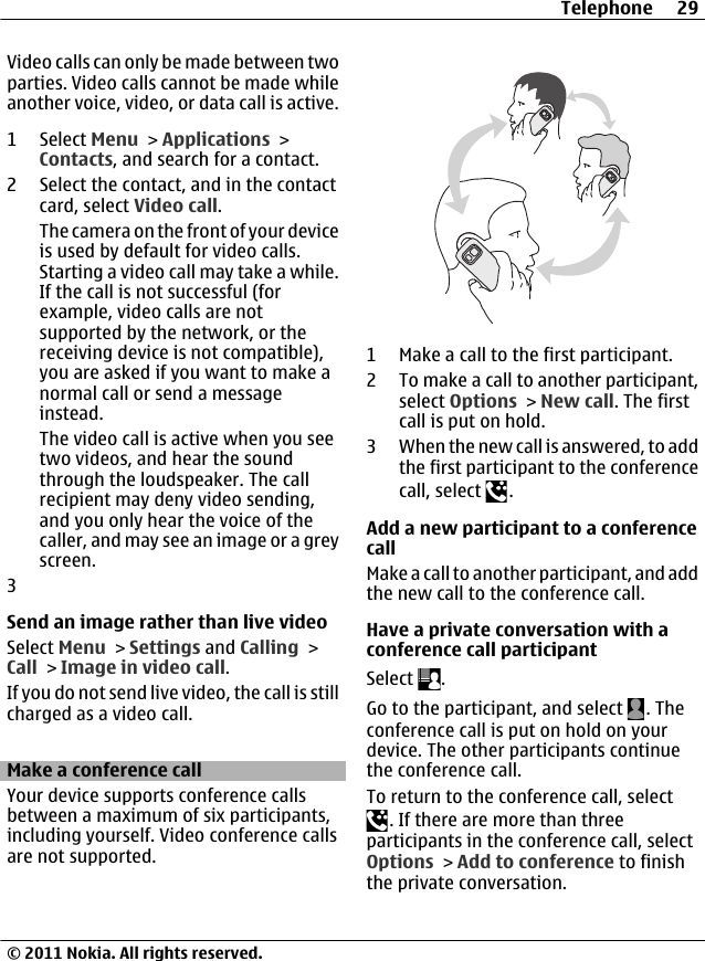 Video calls can only be made between twoparties. Video calls cannot be made whileanother voice, video, or data call is active.1 Select Menu &gt; Applications &gt;Contacts, and search for a contact.2 Select the contact, and in the contactcard, select Video call.The camera on the front of your deviceis used by default for video calls.Starting a video call may take a while.If the call is not successful (forexample, video calls are notsupported by the network, or thereceiving device is not compatible),you are asked if you want to make anormal call or send a messageinstead.The video call is active when you seetwo videos, and hear the soundthrough the loudspeaker. The callrecipient may deny video sending,and you only hear the voice of thecaller, and may see an image or a greyscreen.3Send an image rather than live videoSelect Menu &gt; Settings and Calling &gt;Call &gt; Image in video call.If you do not send live video, the call is stillcharged as a video call.Make a conference callYour device supports conference callsbetween a maximum of six participants,including yourself. Video conference callsare not supported.1 Make a call to the first participant.2 To make a call to another participant,select Options &gt; New call. The firstcall is put on hold.3 When the new call is answered, to addthe first participant to the conferencecall, select  .Add a new participant to a conferencecallMake a call to another participant, and addthe new call to the conference call.Have a private conversation with aconference call participantSelect  .Go to the participant, and select  . Theconference call is put on hold on yourdevice. The other participants continuethe conference call.To return to the conference call, select. If there are more than threeparticipants in the conference call, selectOptions &gt; Add to conference to finishthe private conversation.Telephone 29© 2011 Nokia. All rights reserved.