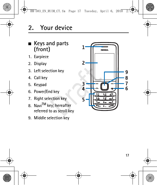 172. Your device■Keys and parts (front)1. Earpiece2. Display3. Left selection key4. Call key5. Keypad6. Power/End key7. Right selection key8. NaviTM key; hereafter referred to as scroll key9. Middle selection keyRM-583_EN_RUIM_CT.fm  Page 17  Tuesday, April 6, 2010  2:48 PMDraft