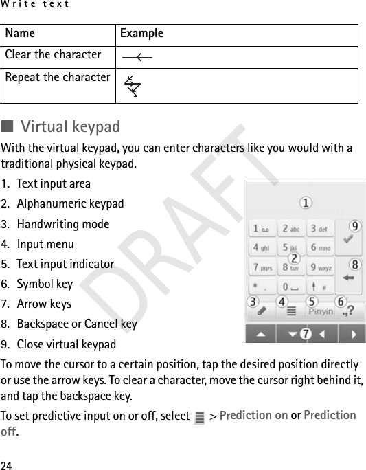 Write text24■Virtual keypadWith the virtual keypad, you can enter characters like you would with a traditional physical keypad.1. Text input area2. Alphanumeric keypad3. Handwriting mode4. Input menu5. Text input indicator6. Symbol key7. Arrow keys8. Backspace or Cancel key9. Close virtual keypadTo move the cursor to a certain position, tap the desired position directly or use the arrow keys. To clear a character, move the cursor right behind it, and tap the backspace key. To set predictive input on or off, select   &gt; Prediction on or Prediction off. Clear the characterRepeat the characterName ExampleDRAFT