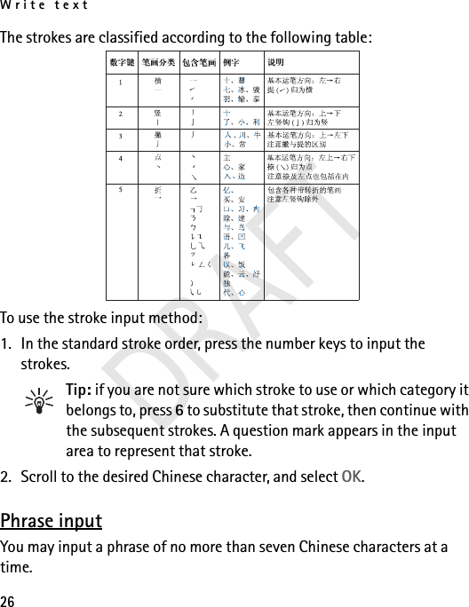 Write text26The strokes are classified according to the following table:To use the stroke input method:1. In the standard stroke order, press the number keys to input the strokes.Tip: if you are not sure which stroke to use or which category it belongs to, press 6 to substitute that stroke, then continue with the subsequent strokes. A question mark appears in the input area to represent that stroke.2. Scroll to the desired Chinese character, and select OK.Phrase inputYou may input a phrase of no more than seven Chinese characters at a time.DRAFT