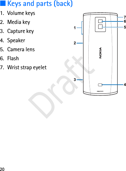 20■Keys and parts (back)1. Volume keys2. Media key3. Capture key4. Speaker5. Camera lens6. Flash7. Wrist strap eyelet6754321Draft