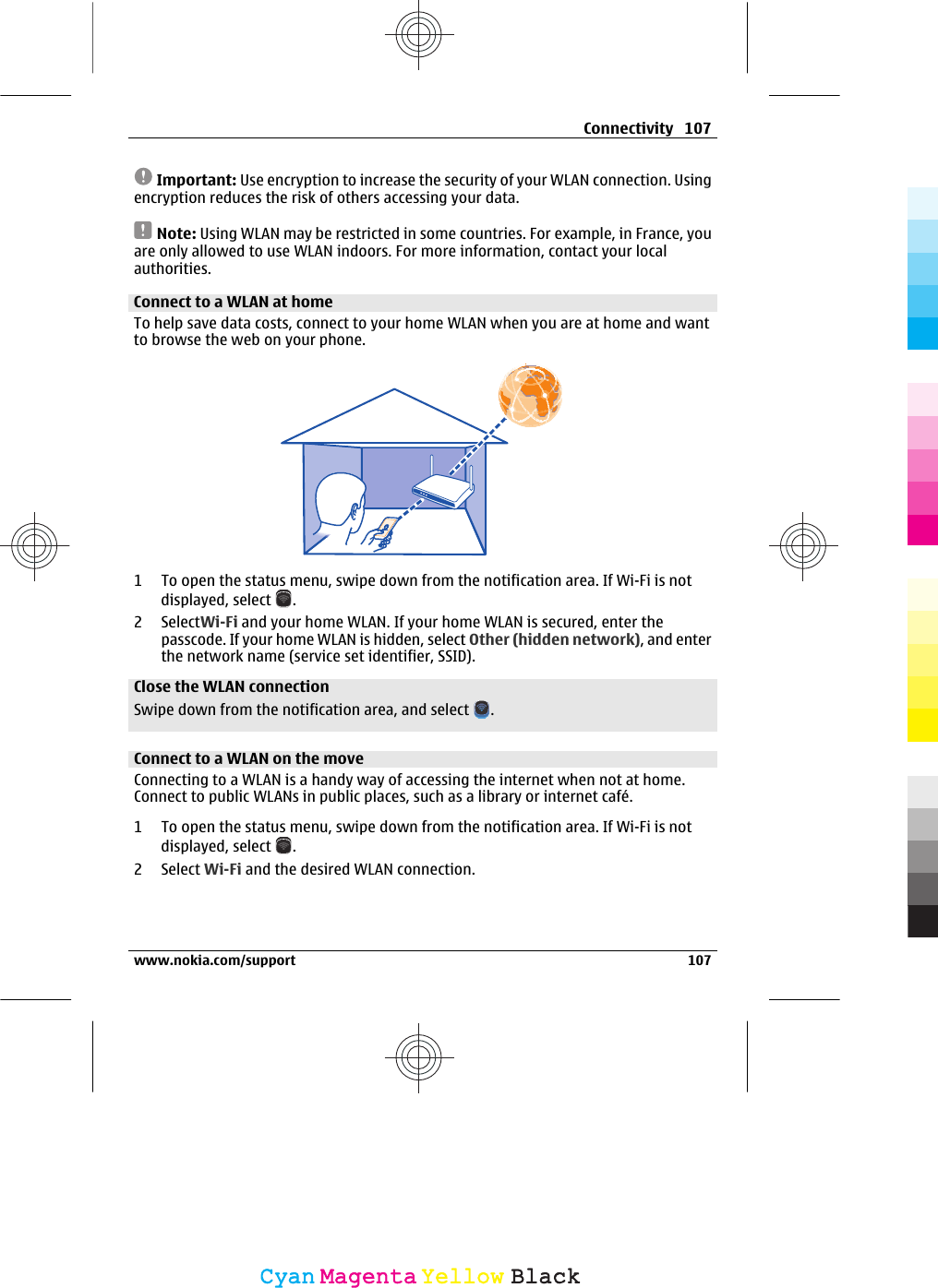 Important: Use encryption to increase the security of your WLAN connection. Usingencryption reduces the risk of others accessing your data.Note: Using WLAN may be restricted in some countries. For example, in France, youare only allowed to use WLAN indoors. For more information, contact your localauthorities.Connect to a WLAN at home To help save data costs, connect to your home WLAN when you are at home and wantto browse the web on your phone.1 To open the status menu, swipe down from the notification area. If Wi-Fi is notdisplayed, select  .2 SelectWi-Fi and your home WLAN. If your home WLAN is secured, enter thepasscode. If your home WLAN is hidden, select Other (hidden network), and enterthe network name (service set identifier, SSID).Close the WLAN connectionSwipe down from the notification area, and select  .Connect to a WLAN on the move Connecting to a WLAN is a handy way of accessing the internet when not at home.Connect to public WLANs in public places, such as a library or internet café.1 To open the status menu, swipe down from the notification area. If Wi-Fi is notdisplayed, select  .2 Select Wi-Fi and the desired WLAN connection.Connectivity 107www.nokia.com/support 107CyanCyanMagentaMagentaYellowYellowBlackBlack
