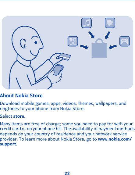 About Nokia StoreDownload mobile games, apps, videos, themes, wallpapers, andringtones to your phone from Nokia Store.Select store.Many items are free of charge; some you need to pay for with yourcredit card or on your phone bill. The availability of payment methodsdepends on your country of residence and your network serviceprovider. To learn more about Nokia Store, go to www.nokia.com/support.22