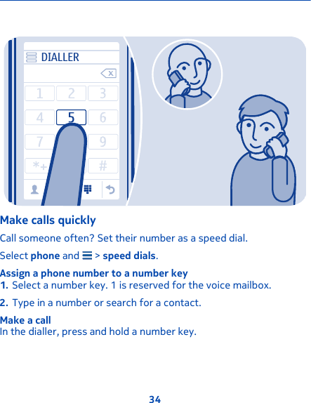 DIALLERMake calls quicklyCall someone often? Set their number as a speed dial.Select phone and   &gt; speed dials.Assign a phone number to a number key1. Select a number key. 1 is reserved for the voice mailbox.2. Type in a number or search for a contact.Make a callIn the dialler, press and hold a number key.34
