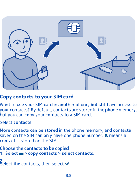 Copy contacts to your SIM cardWant to use your SIM card in another phone, but still have access toyour contacts? By default, contacts are stored in the phone memory,but you can copy your contacts to a SIM card.Select contacts.More contacts can be stored in the phone memory, and contactssaved on the SIM can only have one phone number.   means acontact is stored on the SIM.Choose the contacts to be copied1. Select   &gt; copy contacts &gt; select contacts.2.Select the contacts, then select  .35