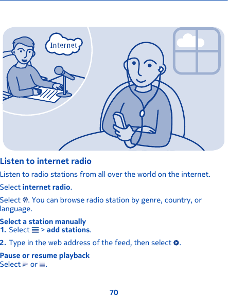 Listen to internet radioListen to radio stations from all over the world on the internet.Select internet radio.Select  . You can browse radio station by genre, country, orlanguage.Select a station manually1. Select   &gt; add stations.2. Type in the web address of the feed, then select  .Pause or resume playbackSelect   or  .70