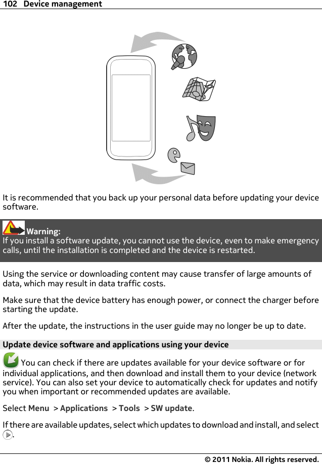 It is recommended that you back up your personal data before updating your devicesoftware.Warning:If you install a software update, you cannot use the device, even to make emergencycalls, until the installation is completed and the device is restarted.Using the service or downloading content may cause transfer of large amounts ofdata, which may result in data traffic costs.Make sure that the device battery has enough power, or connect the charger beforestarting the update.After the update, the instructions in the user guide may no longer be up to date.Update device software and applications using your device You can check if there are updates available for your device software or forindividual applications, and then download and install them to your device (networkservice). You can also set your device to automatically check for updates and notifyyou when important or recommended updates are available.Select Menu &gt; Applications &gt; Tools &gt; SW update.If there are available updates, select which updates to download and install, and select.102 Device management© 2011 Nokia. All rights reserved.