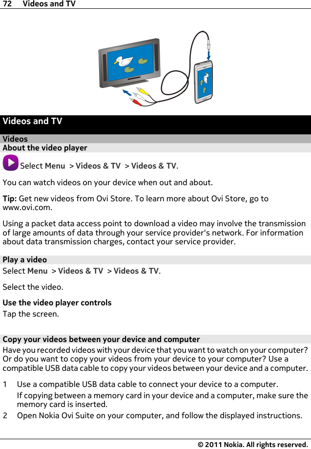 Videos and TVVideosAbout the video player Select Menu &gt; Videos &amp; TV &gt; Videos &amp; TV.You can watch videos on your device when out and about.Tip: Get new videos from Ovi Store. To learn more about Ovi Store, go towww.ovi.com.Using a packet data access point to download a video may involve the transmissionof large amounts of data through your service provider&apos;s network. For informationabout data transmission charges, contact your service provider.Play a videoSelect Menu &gt; Videos &amp; TV &gt; Videos &amp; TV.Select the video.Use the video player controlsTap the screen.Copy your videos between your device and computerHave you recorded videos with your device that you want to watch on your computer?Or do you want to copy your videos from your device to your computer? Use acompatible USB data cable to copy your videos between your device and a computer.1 Use a compatible USB data cable to connect your device to a computer.If copying between a memory card in your device and a computer, make sure thememory card is inserted.2 Open Nokia Ovi Suite on your computer, and follow the displayed instructions.72 Videos and TV© 2011 Nokia. All rights reserved.