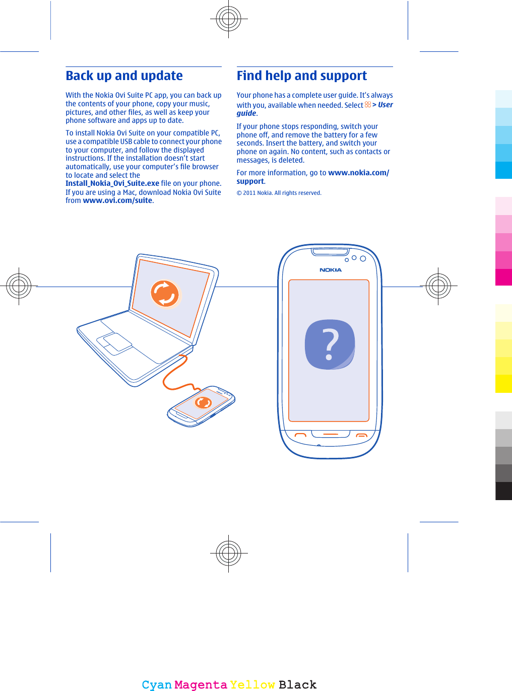 Back up and updateWith the Nokia Ovi Suite PC app, you can back upthe contents of your phone, copy your music,pictures, and other files, as well as keep yourphone software and apps up to date.To install Nokia Ovi Suite on your compatible PC,use a compatible USB cable to connect your phoneto your computer, and follow the displayedinstructions. If the installation doesn’t startautomatically, use your computer’s file browserto locate and select theInstall_Nokia_Ovi_Suite.exe file on your phone.If you are using a Mac, download Nokia Ovi Suitefrom www.ovi.com/suite.Find help and supportYour phone has a complete user guide. It&apos;s alwayswith you, available when needed. Select   &gt; Userguide.If your phone stops responding, switch yourphone off, and remove the battery for a fewseconds. Insert the battery, and switch yourphone on again. No content, such as contacts ormessages, is deleted.For more information, go to www.nokia.com/support.© 2011 Nokia. All rights reserved.CyanCyanMagentaMagentaYellowYellowBlackBlack
