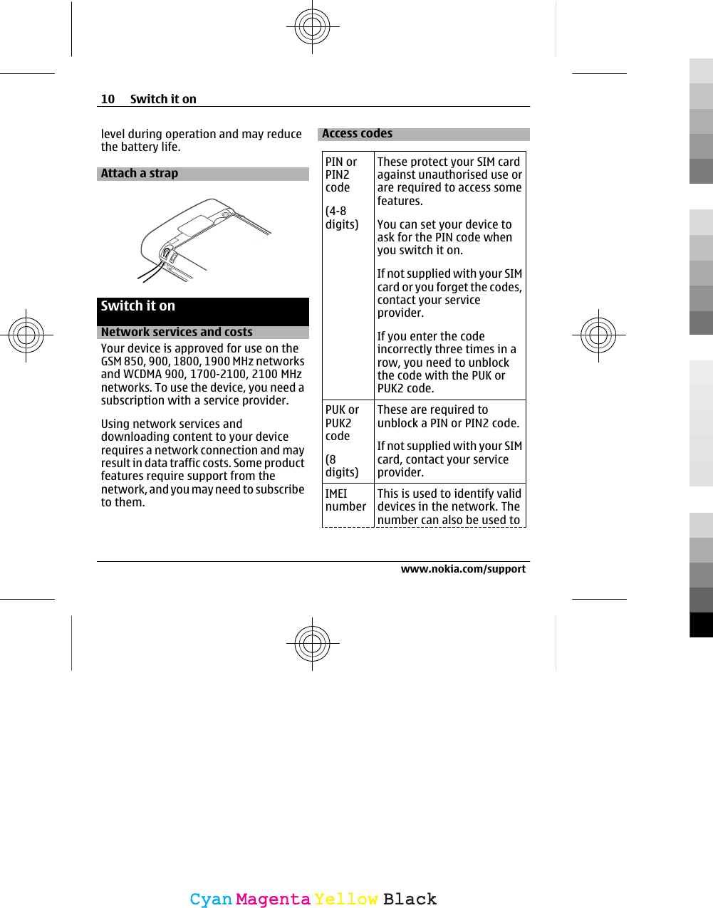 level during operation and may reducethe battery life.Attach a strapSwitch it onNetwork services and costsYour device is approved for use on theGSM 850, 900, 1800, 1900 MHz networksand WCDMA 900, 1700-2100, 2100 MHznetworks. To use the device, you need asubscription with a service provider.Using network services anddownloading content to your devicerequires a network connection and mayresult in data traffic costs. Some productfeatures require support from thenetwork, and you may need to subscribeto them.Access codesPIN orPIN2code(4-8digits)These protect your SIM cardagainst unauthorised use orare required to access somefeatures.You can set your device toask for the PIN code whenyou switch it on.If not supplied with your SIMcard or you forget the codes,contact your serviceprovider.If you enter the codeincorrectly three times in arow, you need to unblockthe code with the PUK orPUK2 code.PUK orPUK2code(8digits)These are required tounblock a PIN or PIN2 code.If not supplied with your SIMcard, contact your serviceprovider.IMEInumberThis is used to identify validdevices in the network. Thenumber can also be used to10 Switch it onwww.nokia.com/supportCyanCyanMagentaMagentaYellowYellowBlackBlack