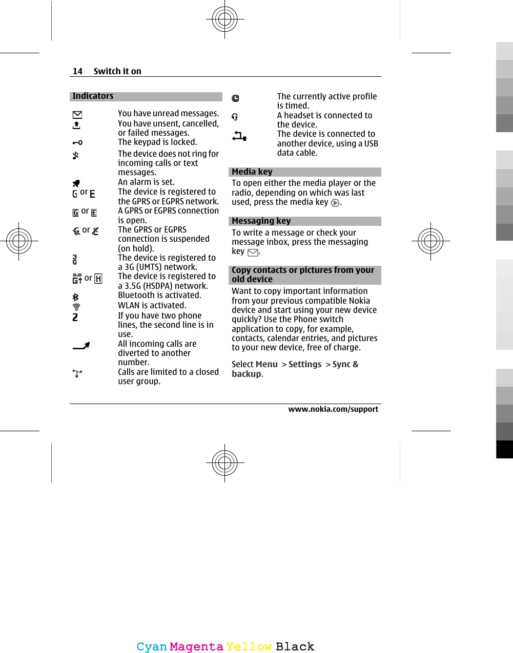 IndicatorsYou have unread messages.You have unsent, cancelled,or failed messages.The keypad is locked.The device does not ring forincoming calls or textmessages.An alarm is set. or  The device is registered tothe GPRS or EGPRS network. or  A GPRS or EGPRS connectionis open. or  The GPRS or EGPRSconnection is suspended(on hold).The device is registered toa 3G (UMTS) network. or  The device is registered toa 3.5G (HSDPA) network.Bluetooth is activated.WLAN is activated.If you have two phonelines, the second line is inuse.All incoming calls arediverted to anothernumber.Calls are limited to a closeduser group.The currently active profileis timed.A headset is connected tothe device.The device is connected toanother device, using a USBdata cable.Media keyTo open either the media player or theradio, depending on which was lastused, press the media key  .Messaging keyTo write a message or check yourmessage inbox, press the messagingkey  .Copy contacts or pictures from yourold deviceWant to copy important informationfrom your previous compatible Nokiadevice and start using your new devicequickly? Use the Phone switchapplication to copy, for example,contacts, calendar entries, and picturesto your new device, free of charge.Select Menu &gt; Settings &gt; Sync &amp;backup.14 Switch it onwww.nokia.com/supportCyanCyanMagentaMagentaYellowYellowBlackBlack