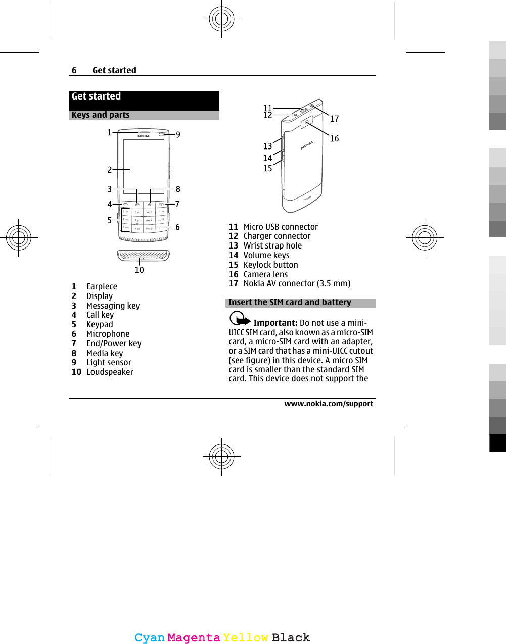 Get startedKeys and parts1Earpiece2Display3Messaging key4Call key5Keypad6Microphone7End/Power key8Media key9Light sensor10 Loudspeaker11 Micro USB connector12 Charger connector13 Wrist strap hole14 Volume keys15 Keylock button16 Camera lens17 Nokia AV connector (3.5 mm)Insert the SIM card and batteryImportant: Do not use a mini-UICC SIM card, also known as a micro-SIMcard, a micro-SIM card with an adapter,or a SIM card that has a mini-UICC cutout(see figure) in this device. A micro SIMcard is smaller than the standard SIMcard. This device does not support the6Get startedwww.nokia.com/supportCyanCyanMagentaMagentaYellowYellowBlackBlack