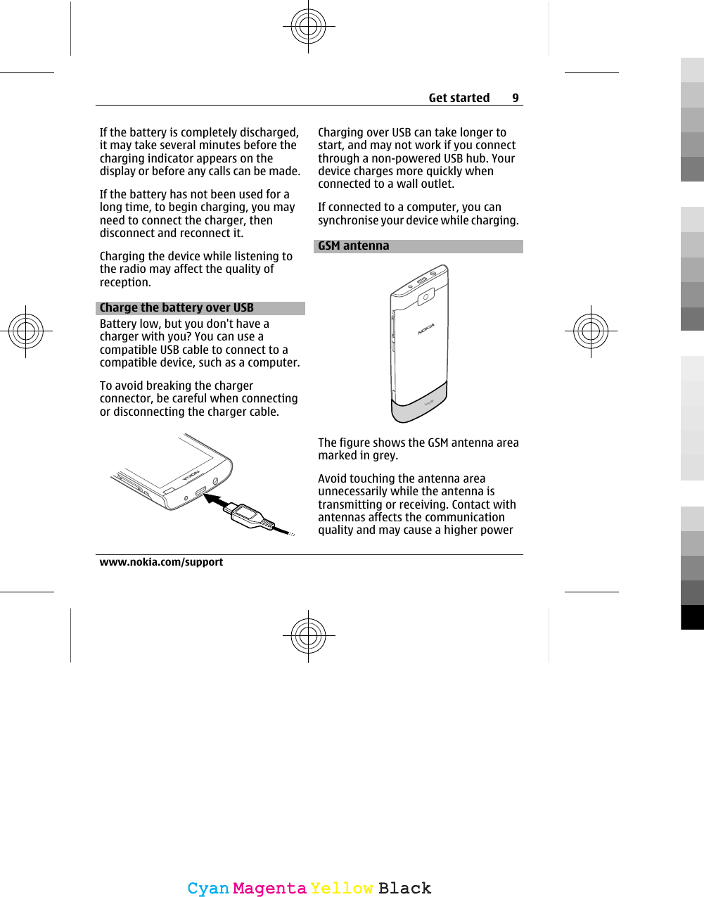 If the battery is completely discharged,it may take several minutes before thecharging indicator appears on thedisplay or before any calls can be made.If the battery has not been used for along time, to begin charging, you mayneed to connect the charger, thendisconnect and reconnect it.Charging the device while listening tothe radio may affect the quality ofreception.Charge the battery over USBBattery low, but you don&apos;t have acharger with you? You can use acompatible USB cable to connect to acompatible device, such as a computer.To avoid breaking the chargerconnector, be careful when connectingor disconnecting the charger cable.Charging over USB can take longer tostart, and may not work if you connectthrough a non-powered USB hub. Yourdevice charges more quickly whenconnected to a wall outlet.If connected to a computer, you cansynchronise your device while charging.GSM antennaThe figure shows the GSM antenna areamarked in grey.Avoid touching the antenna areaunnecessarily while the antenna istransmitting or receiving. Contact withantennas affects the communicationquality and may cause a higher powerGet started 9www.nokia.com/supportCyanCyanMagentaMagentaYellowYellowBlackBlack