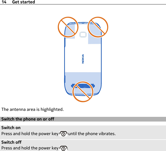 The antenna area is highlighted.Switch the phone on or offSwitch onPress and hold the power key   until the phone vibrates.Switch offPress and hold the power key  .14 Get started