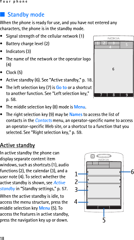 Your phone18■Standby modeWhen the phone is ready for use, and you have not entered any characters, the phone is in the standby mode.• Signal strength of the cellular network (1)• Battery charge level (2)• Indicators (3) • The name of the network or the operator logo (4)• Clock (5)• Active standby (6). See “Active standby,” p. 18.• The left selection key (7) is Go to or a shortcut to another function. See “Left selection key,” p. 58.• The middle selection key (8) mode is Menu.• The right selection key (9) may be Names to access the list of contacts in the Contacts menu, an operator-specific name to access an operator-specific Web site, or a shortcut to a function that you selected. See “Right selection key,” p. 59.Active standbyIn active standby the phone can display separate content item windows, such as shortcuts (1), audio functions (2), the calendar (3), and a user note (4). To select whether the active standby is shown, see Active standby in “Standby settings,” p. 57.When the active standby is idle, to access the menu structure, press the middle selection key Menu (5). To access the features in active standby, press the navigation key up or down.