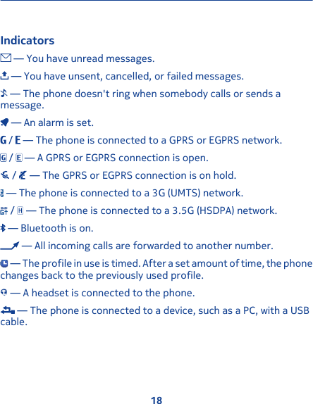 Indicators — You have unread messages. — You have unsent, cancelled, or failed messages. — The phone doesn&apos;t ring when somebody calls or sends amessage. — An alarm is set. /   — The phone is connected to a GPRS or EGPRS network. /   — A GPRS or EGPRS connection is open. /   — The GPRS or EGPRS connection is on hold. — The phone is connected to a 3G (UMTS) network. /   — The phone is connected to a 3.5G (HSDPA) network. — Bluetooth is on. — All incoming calls are forwarded to another number. — The profile in use is timed. After a set amount of time, the phonechanges back to the previously used profile. — A headset is connected to the phone. — The phone is connected to a device, such as a PC, with a USBcable.18