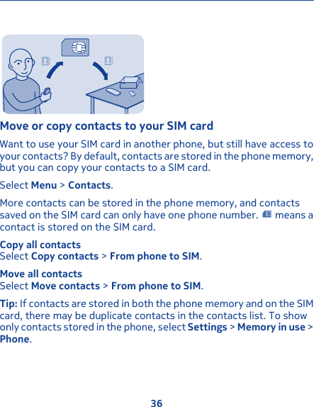 Move or copy contacts to your SIM cardWant to use your SIM card in another phone, but still have access toyour contacts? By default, contacts are stored in the phone memory,but you can copy your contacts to a SIM card.Select Menu &gt; Contacts.More contacts can be stored in the phone memory, and contactssaved on the SIM card can only have one phone number.   means acontact is stored on the SIM card.Copy all contactsSelect Copy contacts &gt; From phone to SIM.Move all contactsSelect Move contacts &gt; From phone to SIM.Tip: If contacts are stored in both the phone memory and on the SIMcard, there may be duplicate contacts in the contacts list. To showonly contacts stored in the phone, select Settings &gt; Memory in use &gt;Phone.36