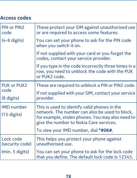Access codesPIN or PIN2code(4-8 digits)These protect your SIM against unauthorised useor are required to access some features.You can set your phone to ask for the PIN codewhen you switch it on.If not supplied with your card or you forget thecodes, contact your service provider.If you type in the code incorrectly three times in arow, you need to unblock the code with the PUKor PUK2 code.PUK or PUK2code(8 digits)These are required to unblock a PIN or PIN2 code.If not supplied with your SIM, contact your serviceprovider.IMEI number(15 digits)This is used to identify valid phones in thenetwork. The number can also be used to block,for example, stolen phones. You may also need togive the number to Nokia Care services.To view your IMEI number, dial *#06#.Lock code(security code)(min. 5 digits)This helps you protect your phone againstunauthorised use.You can set your phone to ask for the lock codethat you define. The default lock code is 12345.78