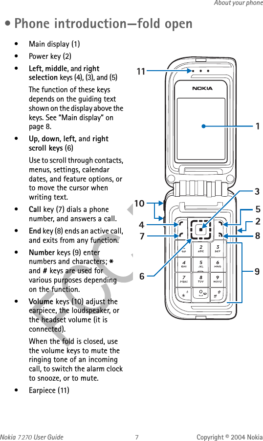 Nokia   User Guide Copyright © 2004 NokiaAbout your phone • Phone introduction—fold open• Main display (1)• Power key (2)•Left, middle, and right selection keys (4), (3), and (5) The function of these keys depends on the guiding text shown on the display above the keys. See “Main display” on page 8.•Up, down, left, and right scroll keys (6)Use to scroll through contacts, menus, settings, calendar dates, and feature options, or to move the cursor when writing text.•Call key (7) dials a phone number, and answers a call.•End key (8) ends an active call, and exits from any function.•Number keys (9) enter numbers and characters; * and # keys are used for various purposes depending on the function.•Volume keys (10) adjust the earpiece, the loudspeaker, or the headset volume (it is connected). When the fold is closed, use the volume keys to mute the ringing tone of an incoming call, to switch the alarm clock to snooze, or to mute.• Earpiece (11)