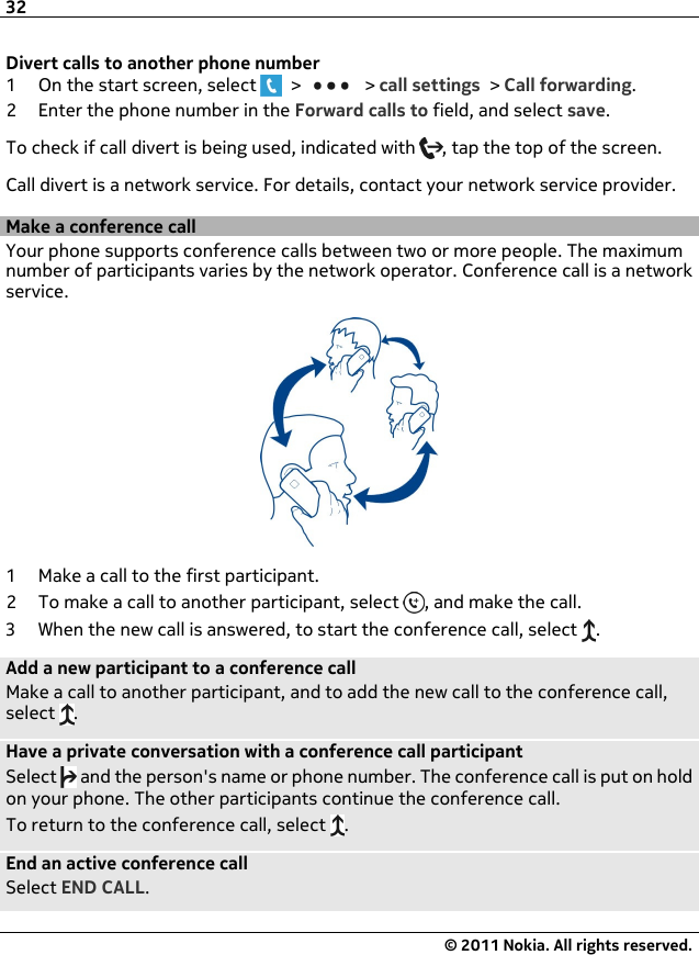 Divert calls to another phone number1 On the start screen, select   &gt;   &gt; call settings &gt; Call forwarding.2 Enter the phone number in the Forward calls to field, and select save.To check if call divert is being used, indicated with  , tap the top of the screen.Call divert is a network service. For details, contact your network service provider.Make a conference callYour phone supports conference calls between two or more people. The maximumnumber of participants varies by the network operator. Conference call is a networkservice.1 Make a call to the first participant.2 To make a call to another participant, select  , and make the call.3 When the new call is answered, to start the conference call, select  .Add a new participant to a conference callMake a call to another participant, and to add the new call to the conference call,select  .Have a private conversation with a conference call participantSelect   and the person&apos;s name or phone number. The conference call is put on holdon your phone. The other participants continue the conference call.To return to the conference call, select  .End an active conference callSelect END CALL.32© 2011 Nokia. All rights reserved.