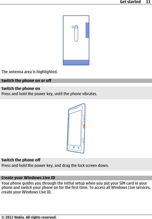 The antenna area is highlighted.Switch the phone on or offSwitch the phone onPress and hold the power key, until the phone vibrates.Switch the phone offPress and hold the power key, and drag the lock screen down.Create your Windows Live ID Your phone guides you through the initial setup when you put your SIM card in yourphone and switch your phone on for the first time. To access all Windows Live services,create your Windows Live ID.Get started 11© 2012 Nokia. All rights reserved.