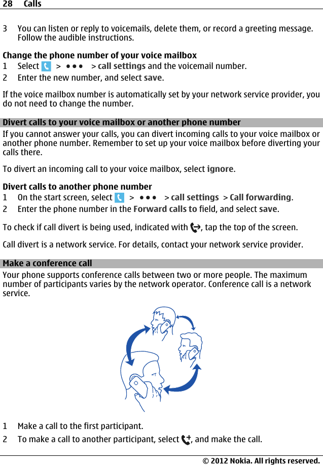 3 You can listen or reply to voicemails, delete them, or record a greeting message.Follow the audible instructions.Change the phone number of your voice mailbox1 Select   &gt;   &gt; call settings and the voicemail number.2 Enter the new number, and select save.If the voice mailbox number is automatically set by your network service provider, youdo not need to change the number.Divert calls to your voice mailbox or another phone numberIf you cannot answer your calls, you can divert incoming calls to your voice mailbox oranother phone number. Remember to set up your voice mailbox before diverting yourcalls there.To divert an incoming call to your voice mailbox, select ignore.Divert calls to another phone number1 On the start screen, select   &gt;   &gt; call settings &gt; Call forwarding.2 Enter the phone number in the Forward calls to field, and select save.To check if call divert is being used, indicated with  , tap the top of the screen.Call divert is a network service. For details, contact your network service provider.Make a conference callYour phone supports conference calls between two or more people. The maximumnumber of participants varies by the network operator. Conference call is a networkservice.1 Make a call to the first participant.2 To make a call to another participant, select  , and make the call.28 Calls© 2012 Nokia. All rights reserved.