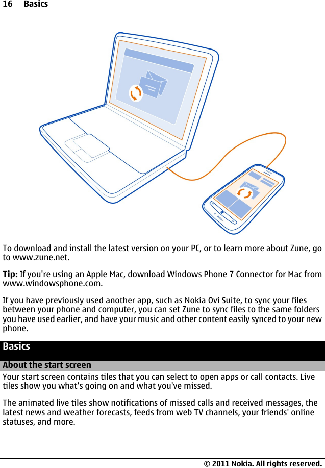 To download and install the latest version on your PC, or to learn more about Zune, goto www.zune.net.Tip: If you&apos;re using an Apple Mac, download Windows Phone 7 Connector for Mac fromwww.windowsphone.com.If you have previously used another app, such as Nokia Ovi Suite, to sync your filesbetween your phone and computer, you can set Zune to sync files to the same foldersyou have used earlier, and have your music and other content easily synced to your newphone.BasicsAbout the start screenYour start screen contains tiles that you can select to open apps or call contacts. Livetiles show you what&apos;s going on and what you&apos;ve missed.The animated live tiles show notifications of missed calls and received messages, thelatest news and weather forecasts, feeds from web TV channels, your friends&apos; onlinestatuses, and more.16 Basics© 2011 Nokia. All rights reserved.