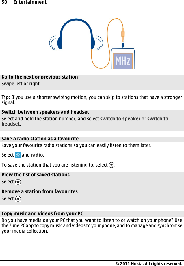 Go to the next or previous stationSwipe left or right.Tip: If you use a shorter swiping motion, you can skip to stations that have a strongersignal.Switch between speakers and headsetSelect and hold the station number, and select switch to speaker or switch toheadset.Save a radio station as a favouriteSave your favourite radio stations so you can easily listen to them later.Select   and radio.To save the station that you are listening to, select  .View the list of saved stationsSelect  .Remove a station from favouritesSelect  .Copy music and videos from your PCDo you have media on your PC that you want to listen to or watch on your phone? Usethe Zune PC app to copy music and videos to your phone, and to manage and synchroniseyour media collection.50 Entertainment© 2011 Nokia. All rights reserved.