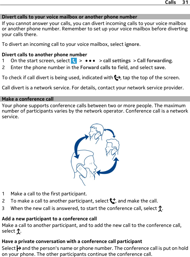 Divert calls to your voice mailbox or another phone numberIf you cannot answer your calls, you can divert incoming calls to your voice mailboxor another phone number. Remember to set up your voice mailbox before divertingyour calls there.To divert an incoming call to your voice mailbox, select ignore.Divert calls to another phone number1 On the start screen, select   &gt;   &gt; call settings &gt; Call forwarding.2 Enter the phone number in the Forward calls to field, and select save.To check if call divert is being used, indicated with  , tap the top of the screen.Call divert is a network service. For details, contact your network service provider.Make a conference callYour phone supports conference calls between two or more people. The maximumnumber of participants varies by the network operator. Conference call is a networkservice.1 Make a call to the first participant.2 To make a call to another participant, select  , and make the call.3 When the new call is answered, to start the conference call, select  .Add a new participant to a conference callMake a call to another participant, and to add the new call to the conference call,select  .Have a private conversation with a conference call participantSelect   and the person&apos;s name or phone number. The conference call is put on holdon your phone. The other participants continue the conference call.Calls 31