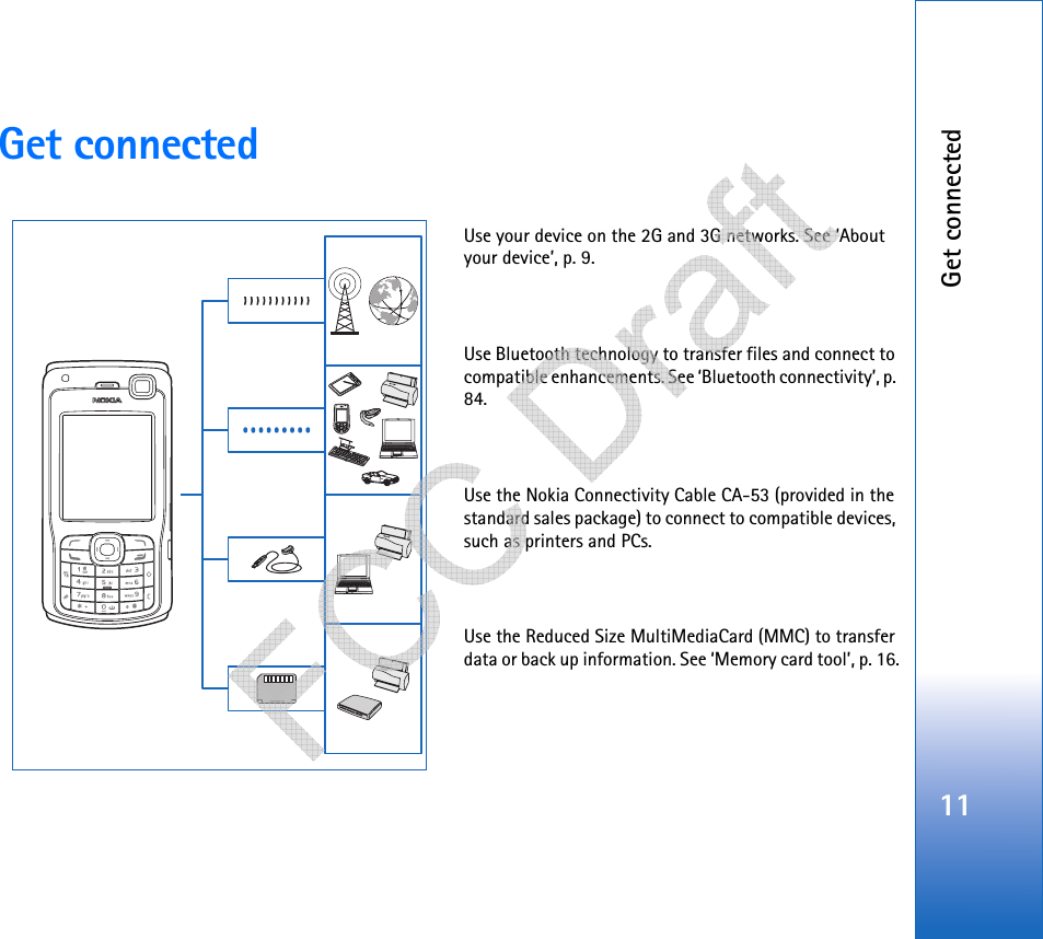 Get connected11Get connectedUse your device on the 2G and 3G networks. See ‘About your device’, p. 9.Use Bluetooth technology to transfer files and connect to compatible enhancements. See ‘Bluetooth connectivity’, p. 84.Use the Nokia Connectivity Cable CA-53 (provided in the standard sales package) to connect to compatible devices, such as printers and PCs.Use the Reduced Size MultiMediaCard (MMC) to transfer data or back up information. See ‘Memory card tool’, p. 16.   