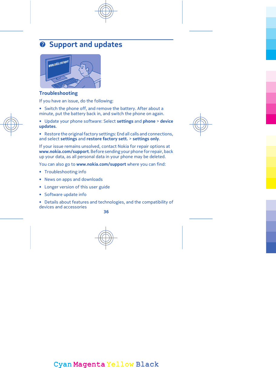 Support and updatesTroubleshootingIf you have an issue, do the following:• Switch the phone off, and remove the battery. After about aminute, put the battery back in, and switch the phone on again.• Update your phone software: Select settings and phone &gt; deviceupdates.• Restore the original factory settings: End all calls and connections,and select settings and restore factory sett. &gt; settings only.If your issue remains unsolved, contact Nokia for repair options atwww.nokia.com/support. Before sending your phone for repair, backup your data, as all personal data in your phone may be deleted.You can also go to www.nokia.com/support where you can find:• Troubleshooting info• News on apps and downloads• Longer version of this user guide• Software update info• Details about features and technologies, and the compatibility ofdevices and accessories36CyanCyanMagentaMagentaYellowYellowBlackBlack