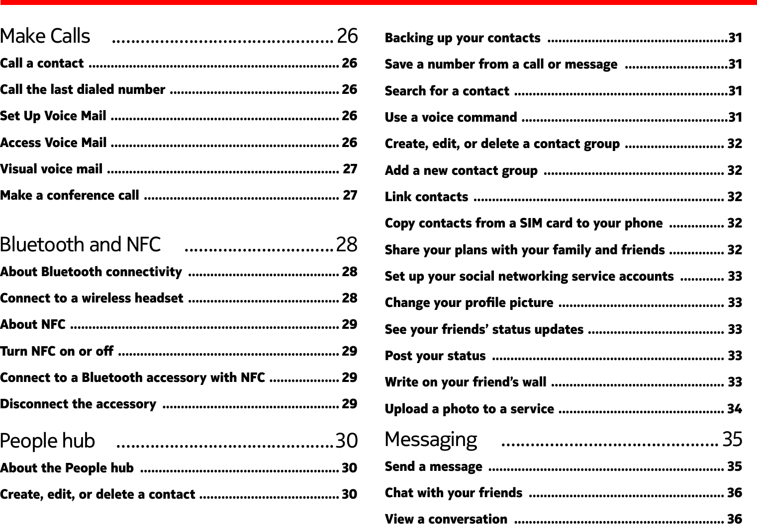 Make Calls   .............................................. 26Call a contact  .................................................................... 26Call the last dialed number  .............................................. 26Set Up Voice Mail  .............................................................. 26Access Voice Mail  .............................................................. 26Visual voice mail  ............................................................... 27Make a conference call  ..................................................... 27Bluetooth and NFC   ...............................28About Bluetooth connectivity  ......................................... 28Connect to a wireless headset  ......................................... 28About NFC  ......................................................................... 29 ............................................................ 29Connect to a Bluetooth accessory with NFC  ................... 29Disconnect the accessory  ................................................ 29People hub  .............................................30About the People hub  ...................................................... 30Create, edit, or delete a contact  ...................................... 30Backing up your contacts  .................................................31Save a number from a call or message  ............................31Search for a contact  ..........................................................31Use a voice command  ........................................................ 31Create, edit, or delete a contact group  ........................... 32Add a new contact group  ................................................. 32Link contacts  .................................................................... 32Copy contacts from a SIM card to your phone  ............... 32Share your plans with your family and friends  ............... 32Set up your social networking service accounts  ............ 33 ............................................. 33See your friends’ status updates  ..................................... 33Post your status  ............................................................... 33Write on your friend’s wall  ............................................... 33Upload a photo to a service  ............................................. 34Messaging   ............................................. 35Send a message  ................................................................ 35Chat with your friends  ..................................................... 36View a conversation  ......................................................... 36